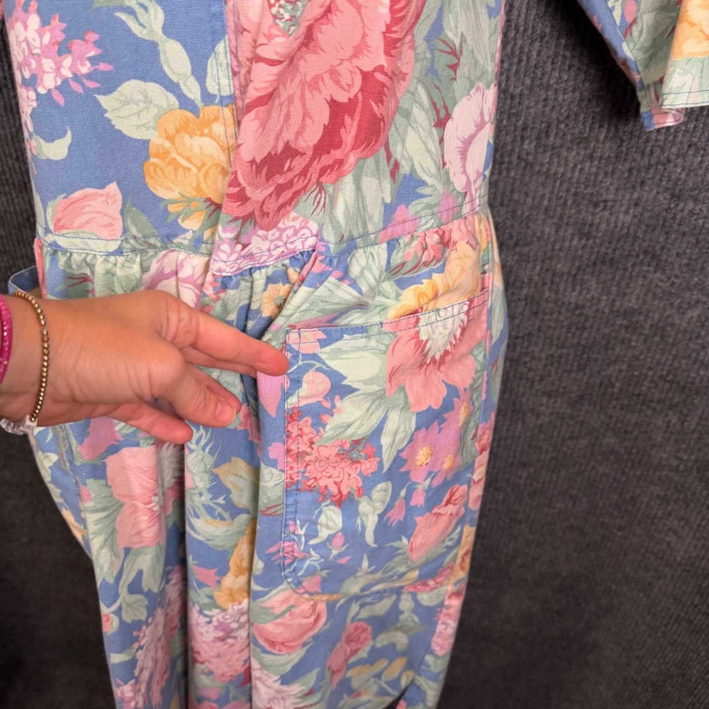 Vintage 80s Cherokee Drop Waist Chore Pocket Floral Midi Dress 7/8 Cottage Retro - Picture 9 of 12